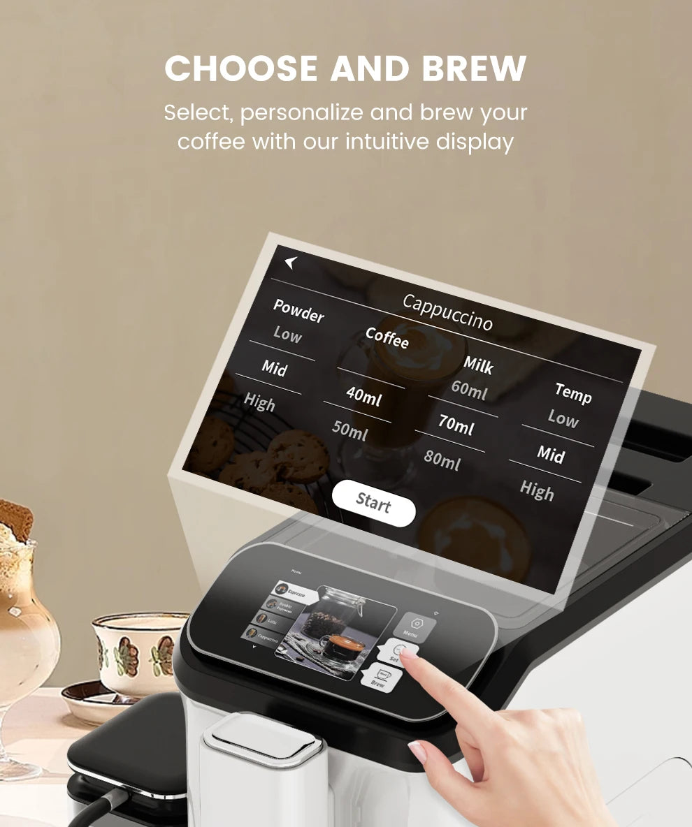 Mcilpoog WS-D5 Automatic Coffee Machine - Smart Wi-Fi , 12 Coffee Varieties, Touchscreen & Built-In Frother/1.5L Tank for Home