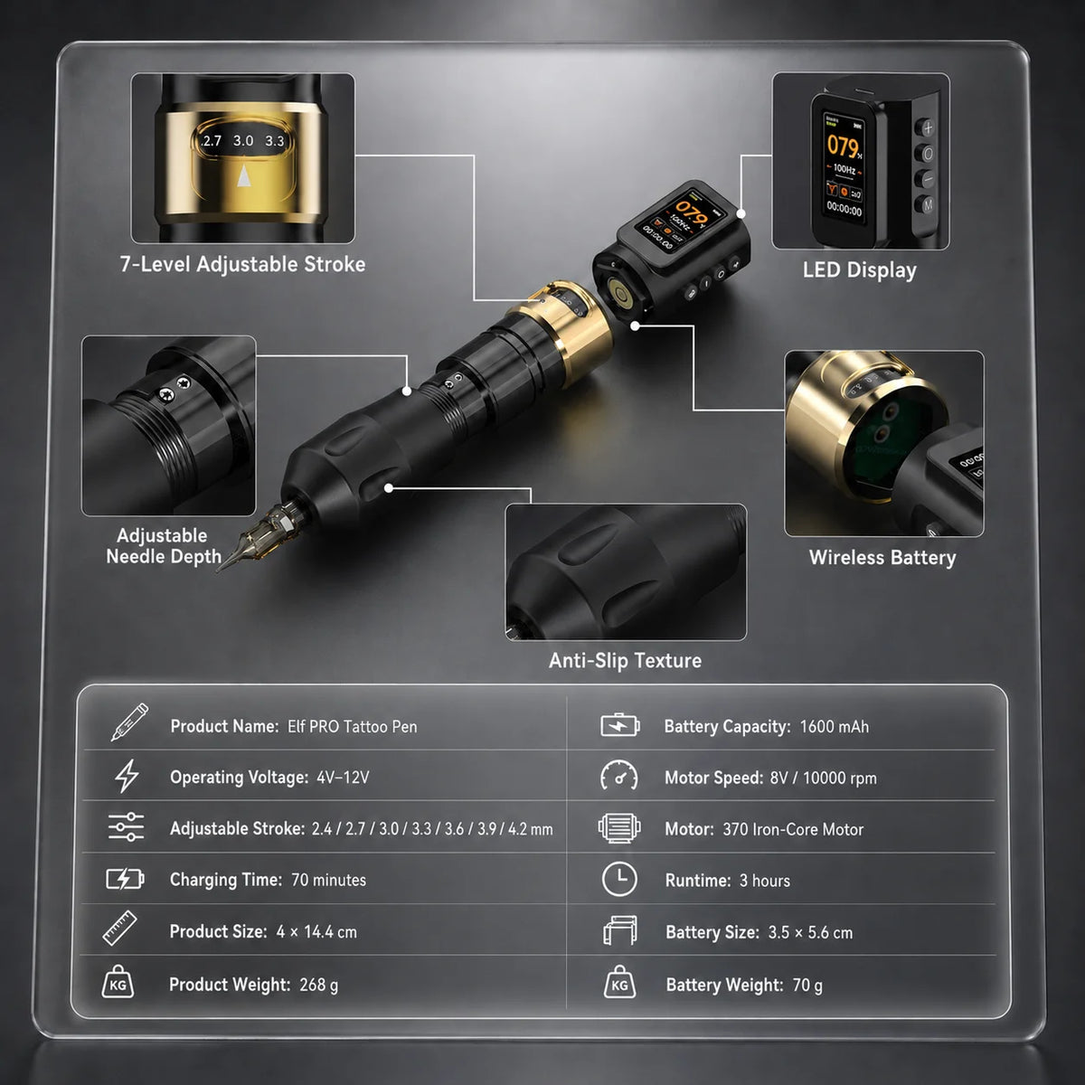 Elf PRO Wireless Tattoo Pen Machin 1700mAh Battery 2.4-4.2mm Adjustable Stroke Display Charge Tattoo Gun Permanent Makeup