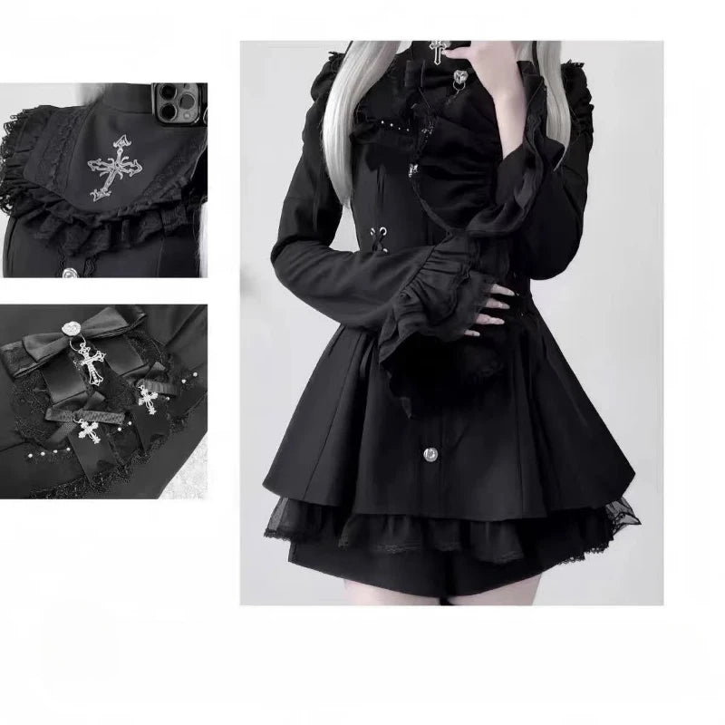 Summer Gothic Lolita Sweet Lace Mini Dress Set Long Sleeved Bow Y2k Aesthetic Fashion Dress Slim Japanese Kawaii Suit Chic