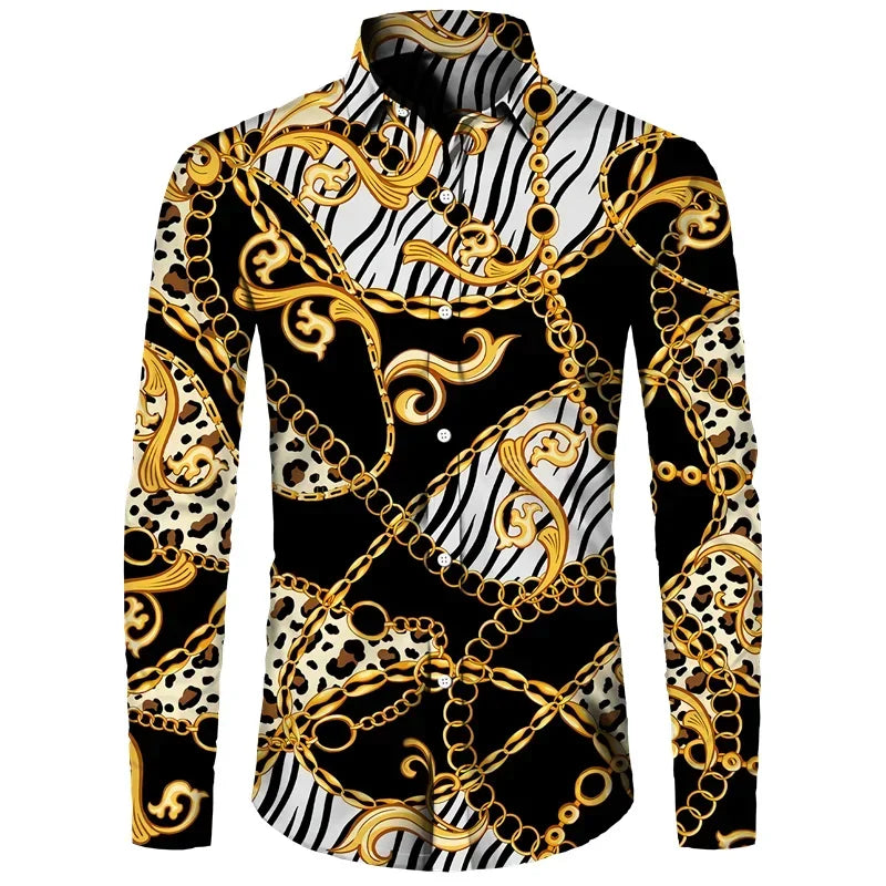 2024 New Luxury Golden Flower Chain 3D Print Men Lapel Button Shirts Long Sleeve Shirt Casual Mens Designer Clothing Streetwear