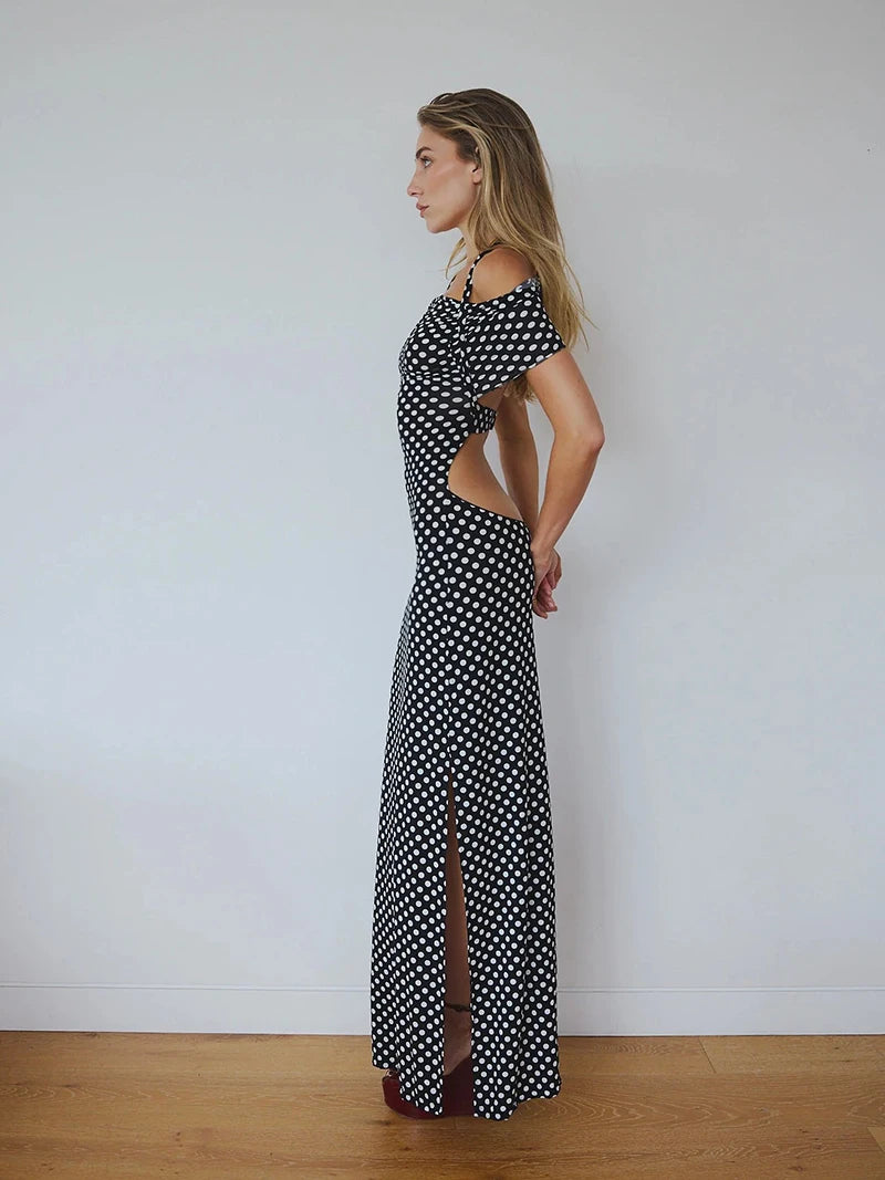 Mozision Off-shoulder Polka Dot Maxi Dress For Women Gown Fashion Halter Sleeveless Backless bodycon Split Long Dress Elegant