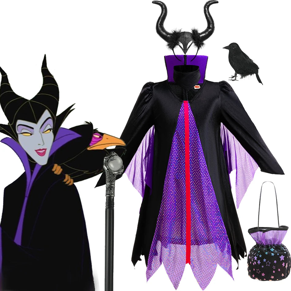 Halloween Costume Girls Cartoon Maleficent Cosplay Dress Children Fancy Witch Disguise Robe Carnival Devil Queen Dot Tulle Frock