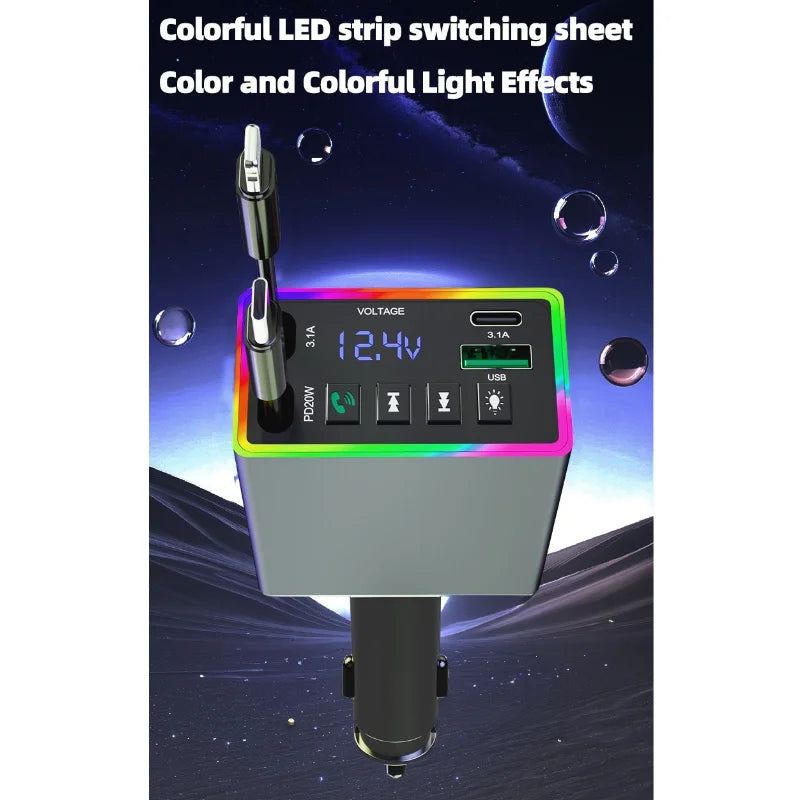 M38 FM Bluetooth MP3 Transmitter 4-in-1 120W Fast Charge Retractable Cable Car Charger with Colorful Light Built-in Media Player