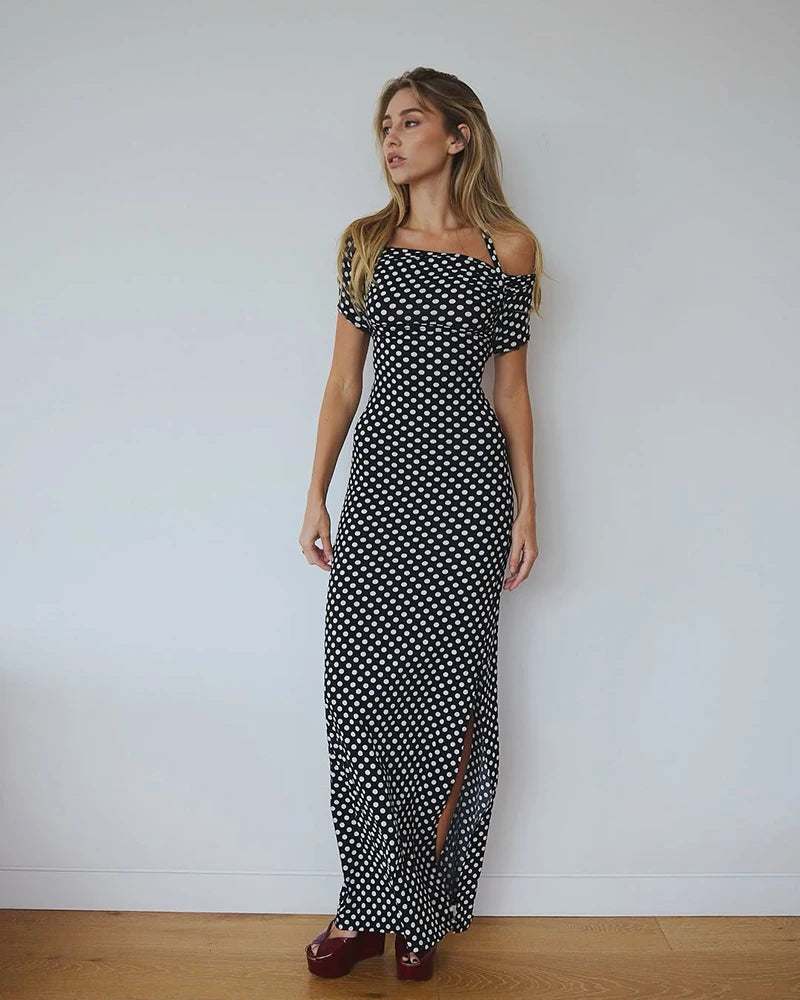 Mozision Off-shoulder Polka Dot Maxi Dress For Women Gown Fashion Halter Sleeveless Backless bodycon Split Long Dress Elegant