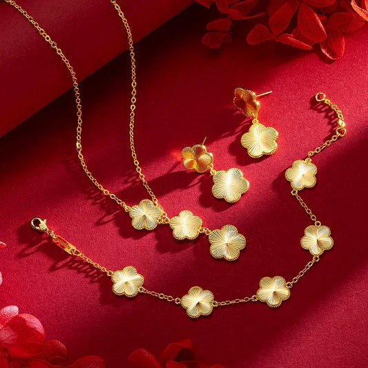 New Double Sided Minimalist Metal Jewelry Set With New Design Plum Blossom Plant Five Leaf Flower Gift For Women's Clover