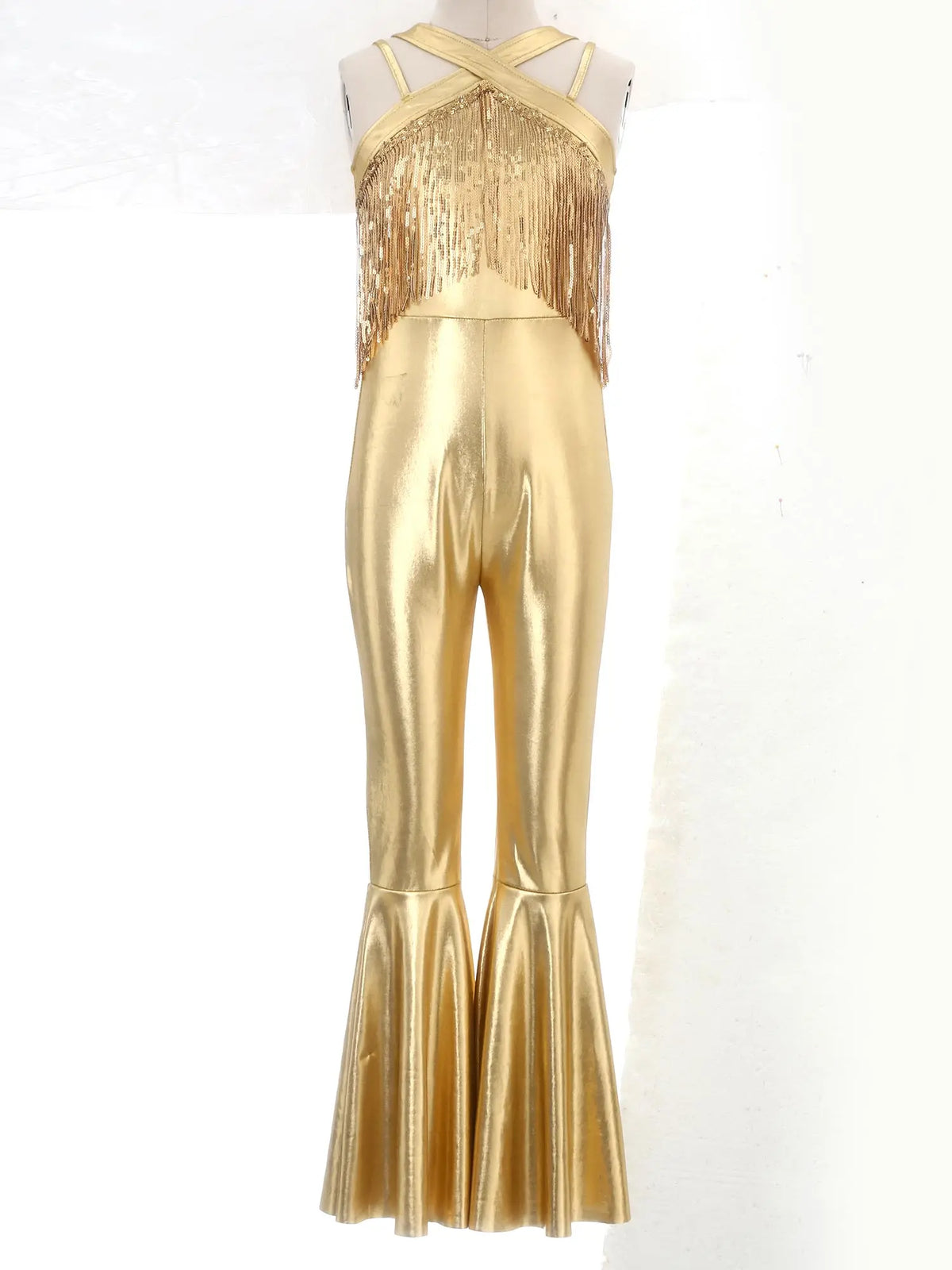 Kids Girls Hippie Halloween Costume Tassels Unitard Bell-bottom Long Pants Bodysuit Jumpsuit Disco Dance 60s 70s Rave Party Wear
