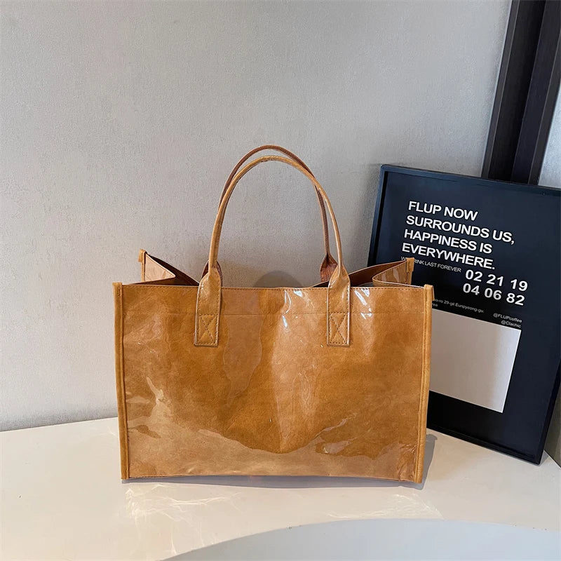 Women's Glossy Leather Tote Bag Letter Print Large Capacity Casual Commuter Shoulder Bag Fashion Daily Shopping Handbag 2026