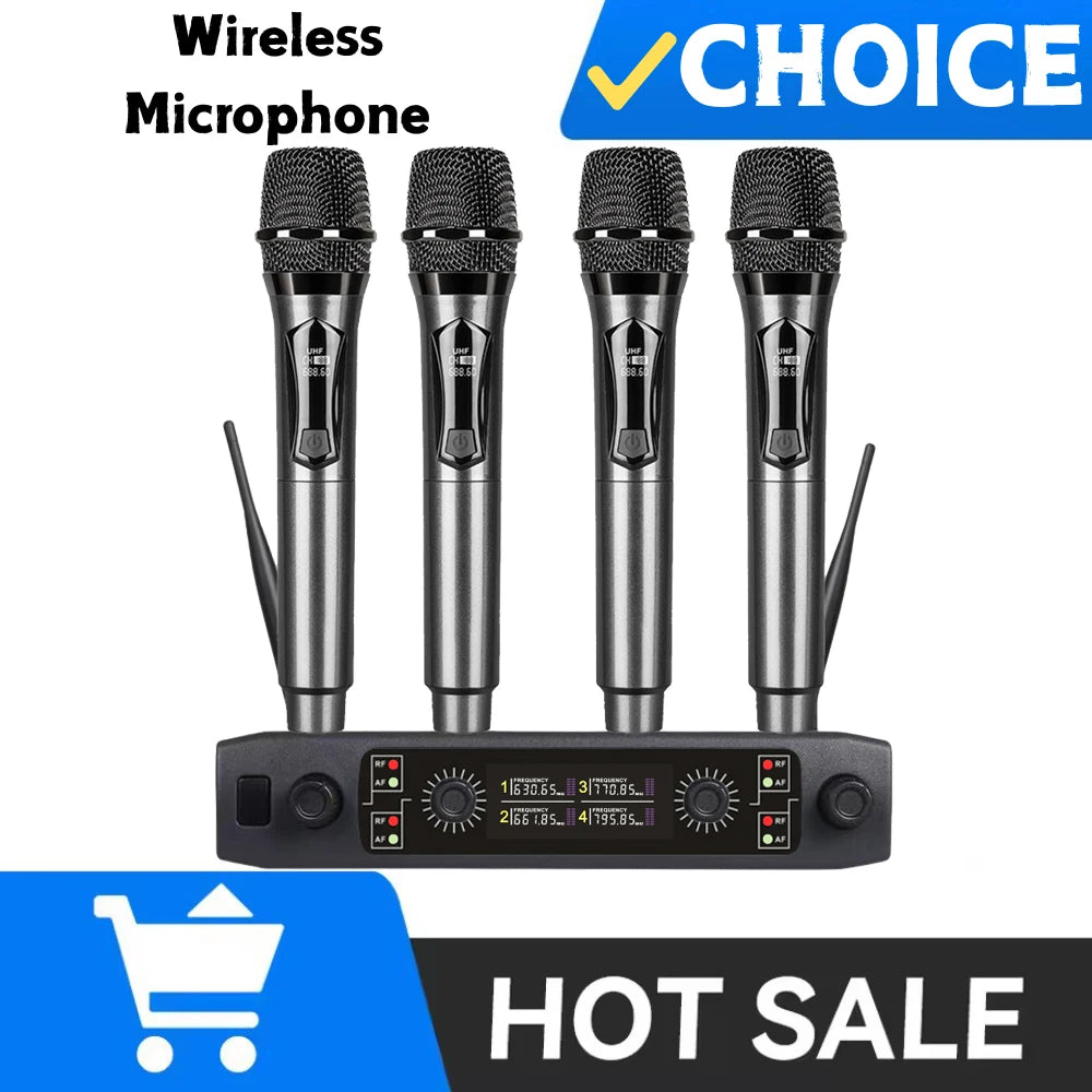Good Wireless Microphone UHF Fixed Frequency 4 Channels Handheld Mic Micphone For Party Karaoke Professional Church Show Meeting