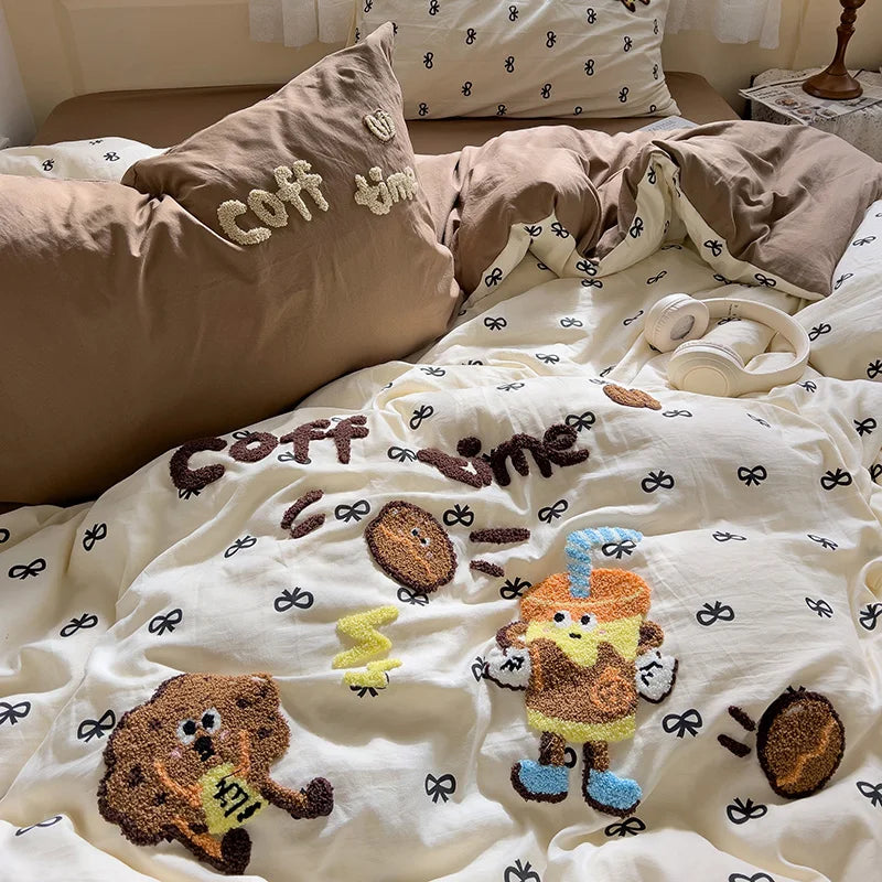 Cartoon Animal Embroidery Bedding Set For Adults Kids Cute Flat Fitted Sheet With Pillowcases Washed Cotton Colorful Full Size