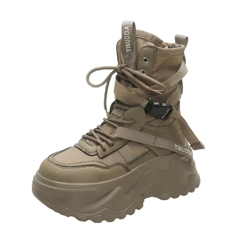 Hot Fashion Women Chunky Platform Motorcycle Boots White Lace Up Thick Bottom Shoes Woman Autumn Winter Ankle