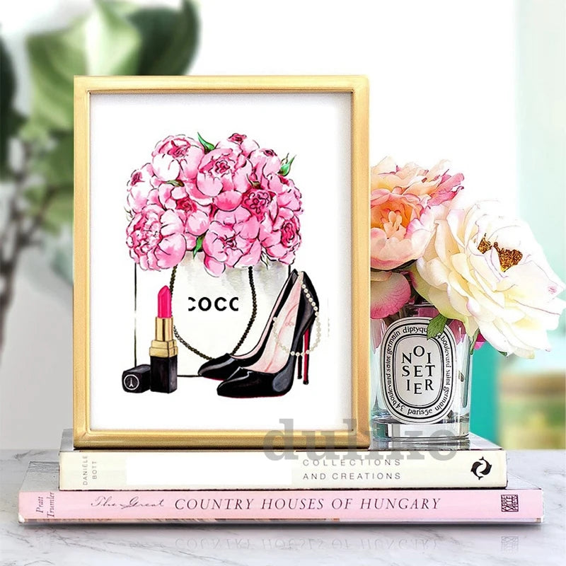 Fashion Magazine Wall Art Prints High Heels and Lipstick Modern Picture Poster Pink Flower Canvas Painting Girls Room Home Decor