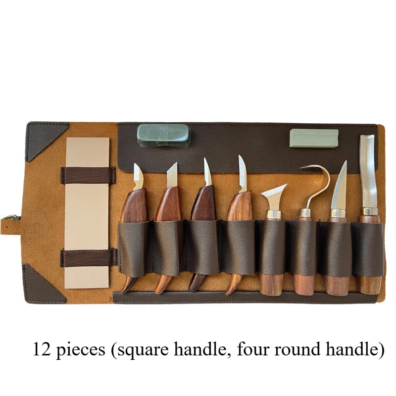 Woodworking Tools Professional Square Handle Woodcarving Vintage Leather Set 12 Pieces Furniture Detail Relief Project Essential