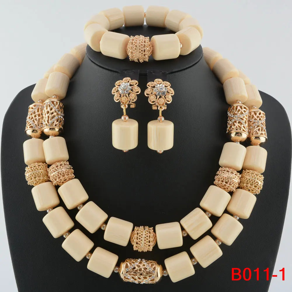 High Quality 2 Layers Artificial Coral Bead African Wedding Jewelry Set Women Necklace Nigeria Bride Party Gift