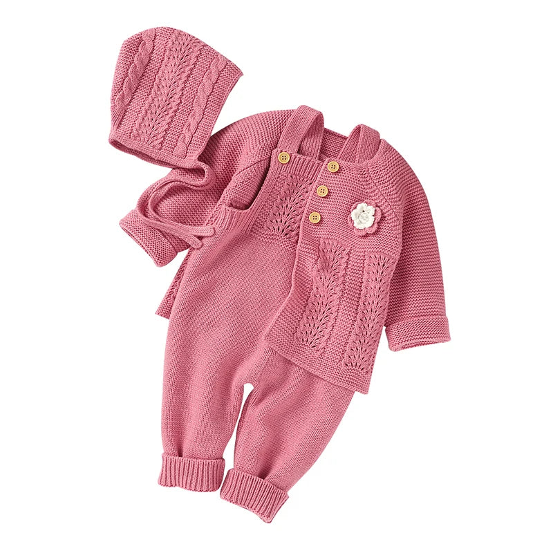 Baby Romper Set Knit Autumn Newborn Girl Boy Long Sleeve Coat Jumpsuit Outfit Hat 3PC Fashion Solid Infant Clothing Suit Sweater
