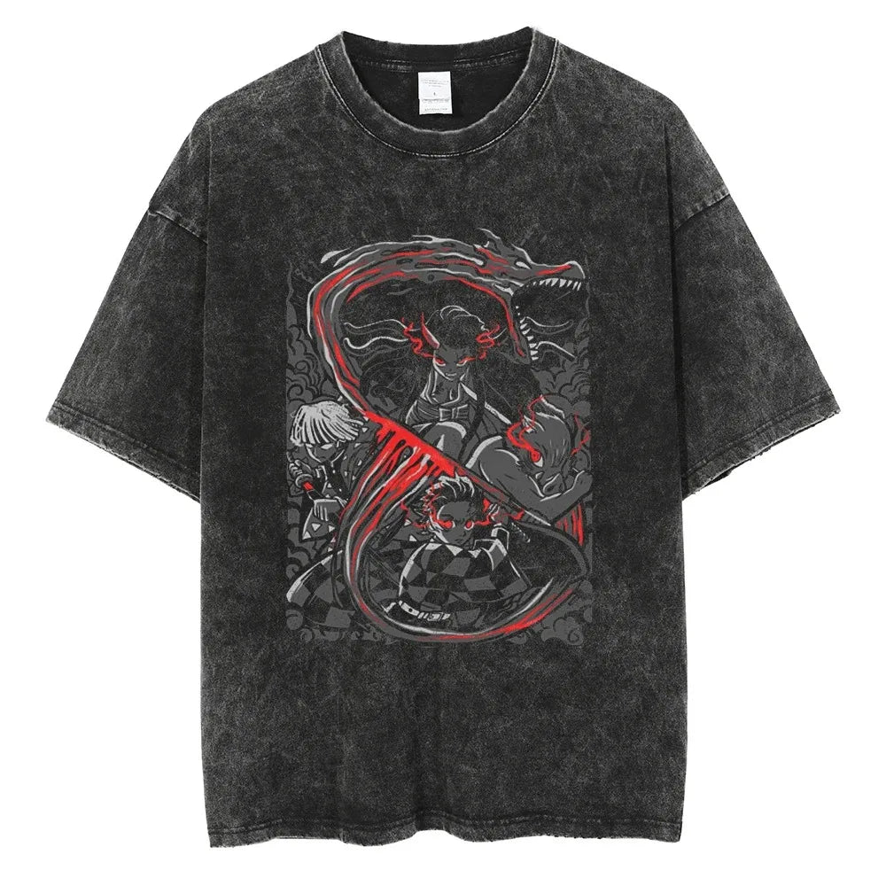 Hot Anime Demon Slayer Kokushibo Graphic T-Shirt Men Women Manga Tshirts Washed Cotton T Shirt Harajuku Unisex Vintage Top Tees