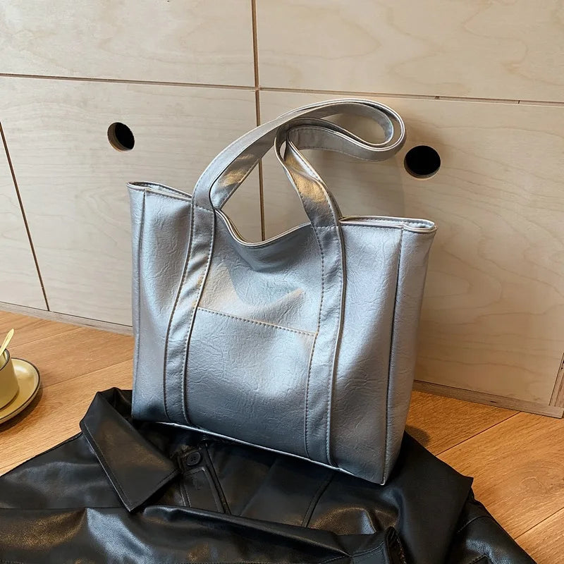 Simple Large Capacity Tote Bags for Women Retro Pu Leather Ladies Shoulder Bag Commuter Portable Girls Student Underarm Handbag