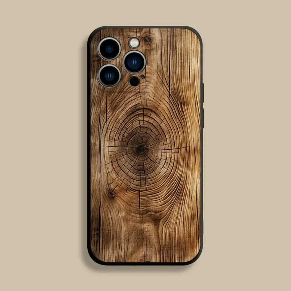 Natural Wood Phone Case For iPhone 17,16,15,14,13,12,Pro,Max,Plus,E,SE4,Air,Mini Black Soft Cover