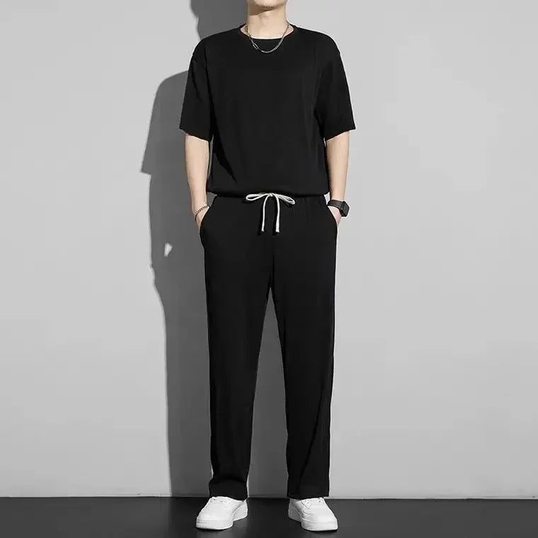 Men's Wrinkled Ice Silk Sports Set 2026 Summer New Short sleeved Long Pants Two piece Set Fashionable Breathable and Cool