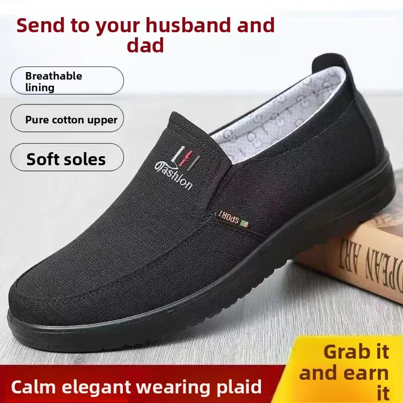 Beijing Men's Canvas Slip-On Shoes Soft Bottom Anti-Slip Breathable Casual Shoes round Toe Cotton Lined Plastic Outsole