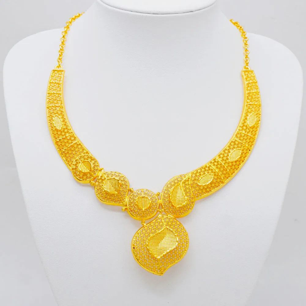 GDJWRI New Luxury Necklace and Earrings Jewelry Set Women Gold Color Copper Elegant African Ethiopian Dubai Wedding Party Gift