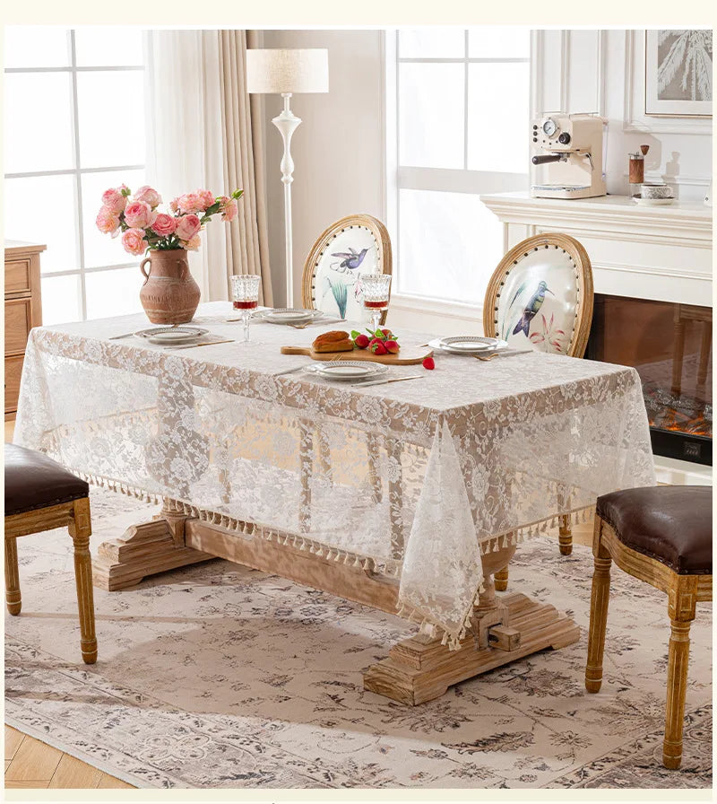 French Rose Lace Tablecloth, Rectangular Dining Tablecloth, Home Coffee Table Wedding Decoration Cover,