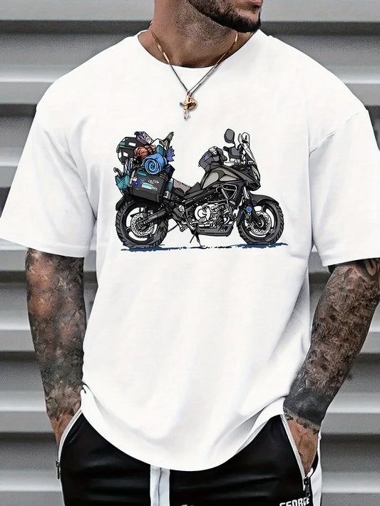 Summer 100% Pure Cotton Men's Fashionable Casual Rally Travel Motorcycle Print Loose Sports Round Neck Short Sleeved T-Shirt Top