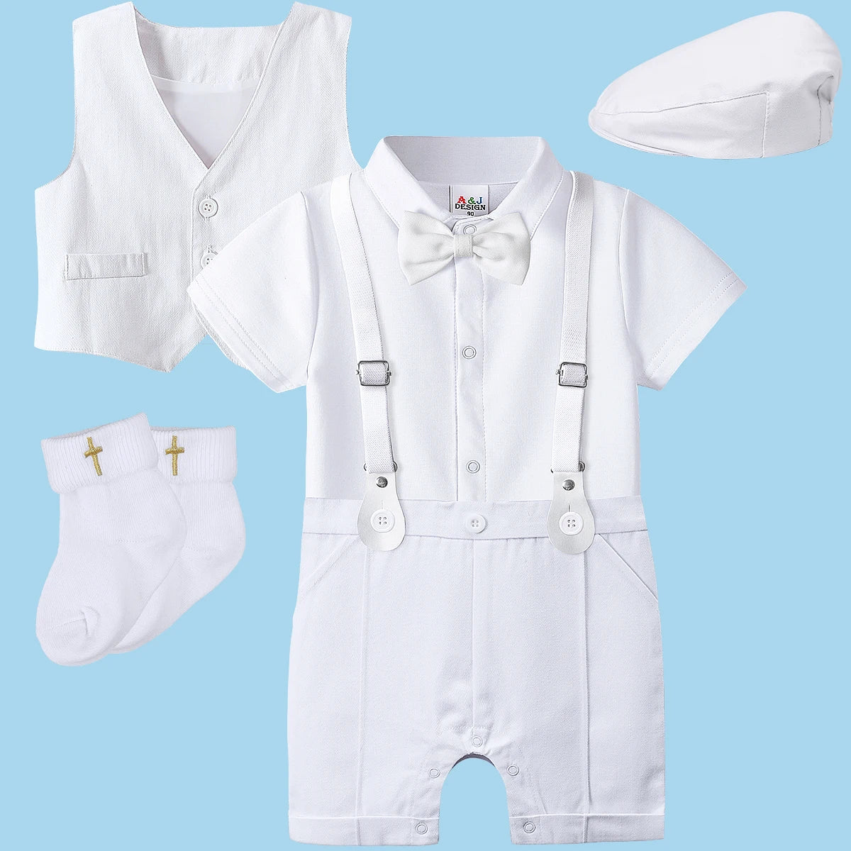 Baby Boys Baptism Outfit Infant Wedding Gentleman Set Christening Formal Birthday Party Suit Suspender Bow Tie Romper