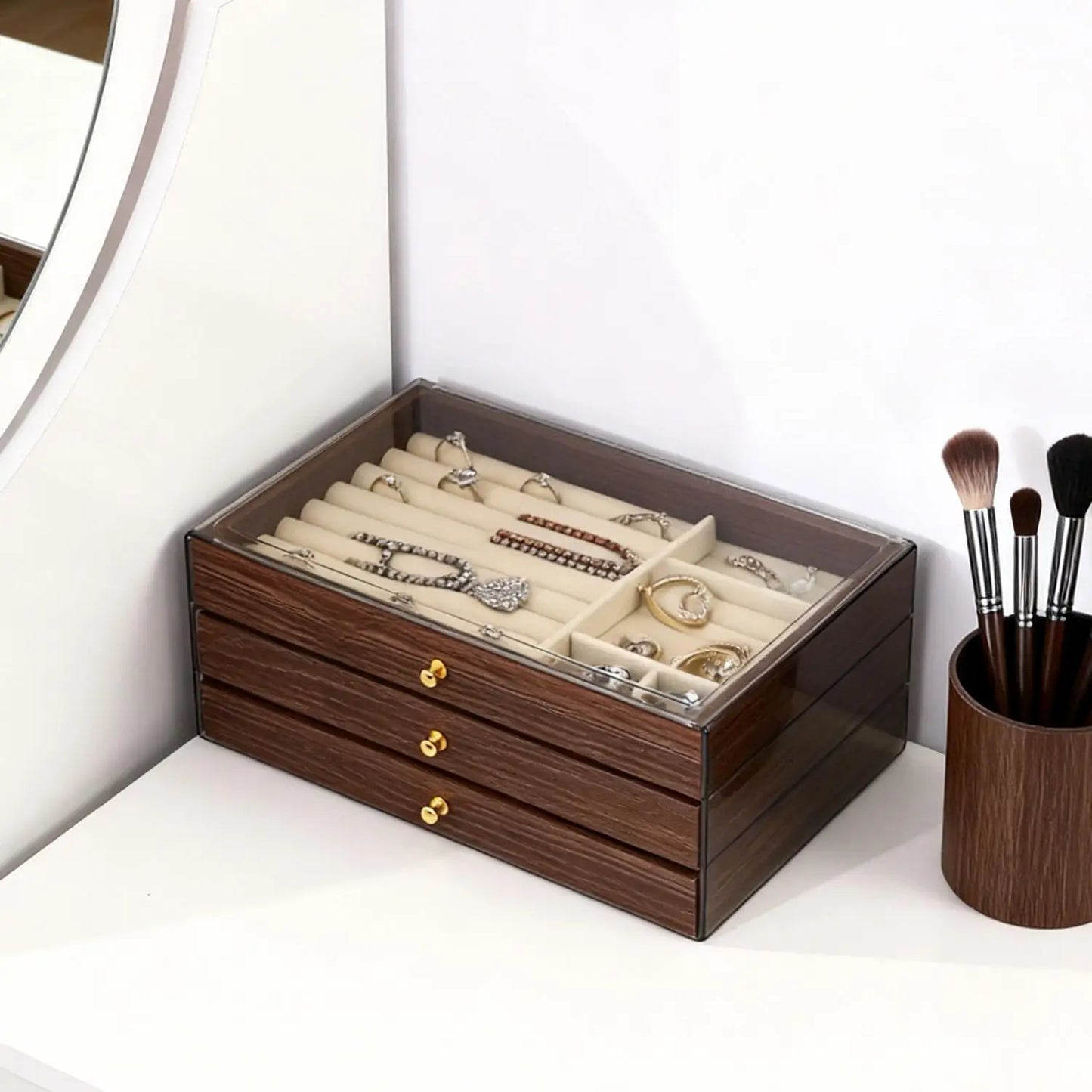 3-layer Large Capacity Drawer Walnut Wood Jewelry Storage Box Suitable for Earring Necklace Ring Jewelry Oxidation Prevention