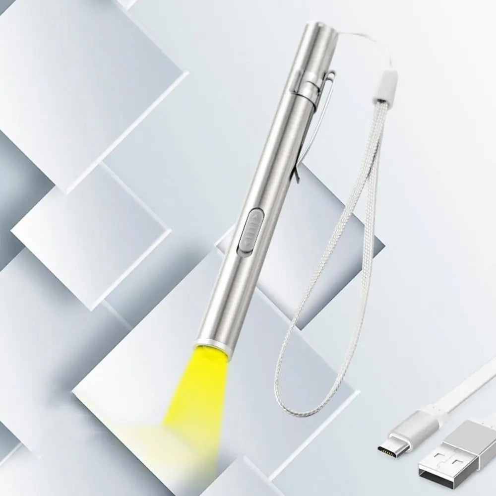 Stainless Steel Doctors Pen Light Yellow/ White Light with Steel Clip Nurse Pocket Flashlight Portable Water-proof