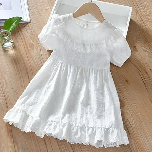 2025 New Summer Baby Girl Birthday Wedding Party Dress Short Sleeved Cotton Solid Color Dress 2-10Yrs Kids Princess Dresses