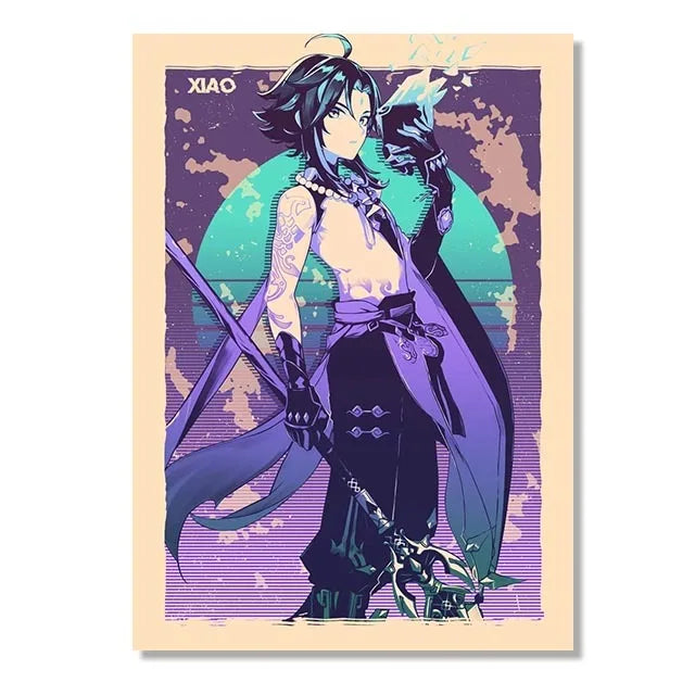 Genshin Game Retro Canvas Poster Ganyu Hu Tao Game  Wall Hanging Painting Anime Wall Art Pictures and Print for Home Room Decor