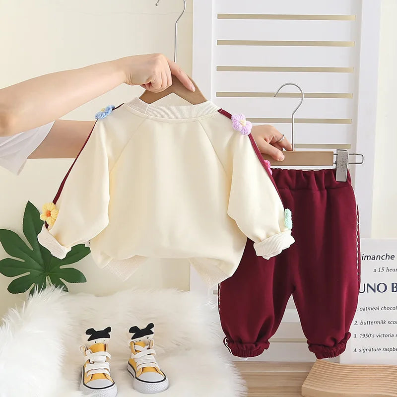 Baby 2Pcs Outfit Set 3D Colorful Flower Decor Raglan Long Sleeve Sweatshirt Striped Jogger Pants Infant Soft Cotton Spring Set
