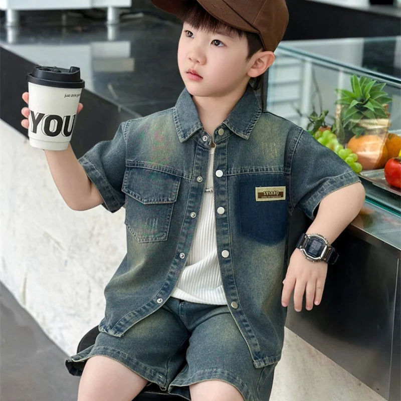 2025 Trendy Boys' Denim Set Vintage Wash Short Sleeve Shirt & Shorts 2-Piece Summer Outfit