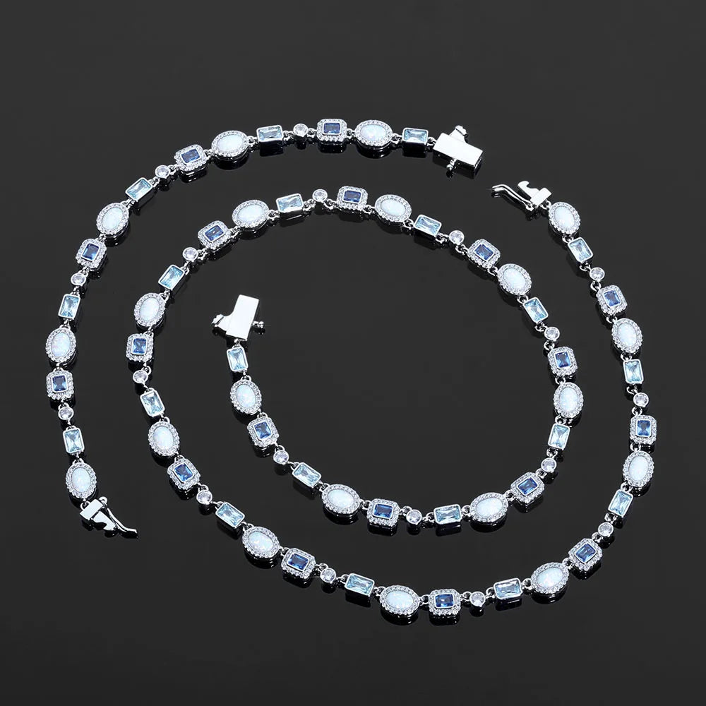 ESKEEM 6mm Geometric Gemstone Motif Iced Out Blue Chain Multicolor CZ Stones White Gold Plated Diamond Necklace Hip Hop Jewelry