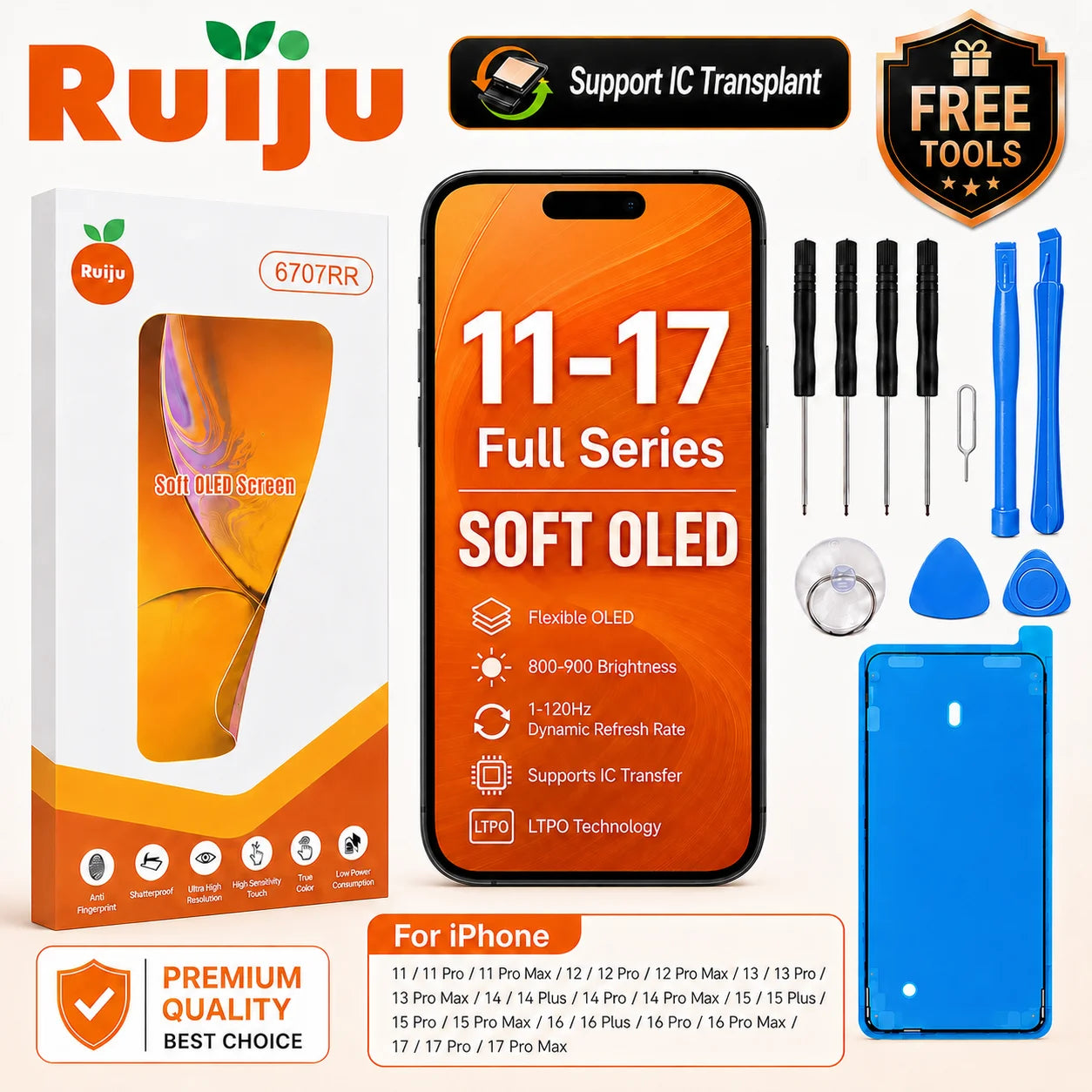 RJ Flexible Soft OLED Display for Iphone 12 13 14 15 16 Pro Max Plus Screen Touch Digitizer Assembly