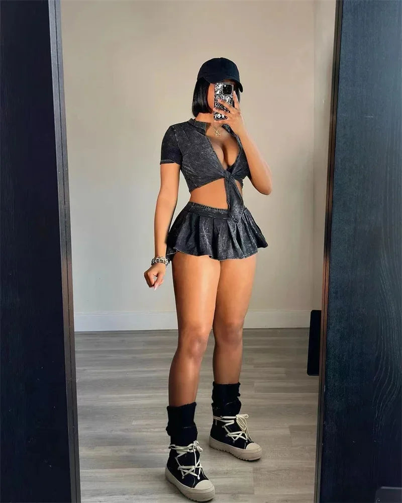 Streetwear Party Club Co Ord Sets for Women 2 Piece Set Outfit Summer Lace-up Crop Top and Mini Skirt Sets Conjuntos Para Vestir