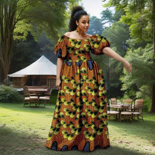 Afripride African Women's Dresses Sexy Strapless Bubble Sleeves With Same Color Earrings Women's Dresses 2525012