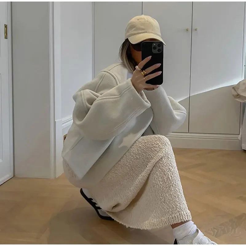 Women's Fashion Solid Thicken Cropped Jacket Top Long Sleeve Warm Autumn Winter Cardigan Female Casual Loose Woolen Streetwear