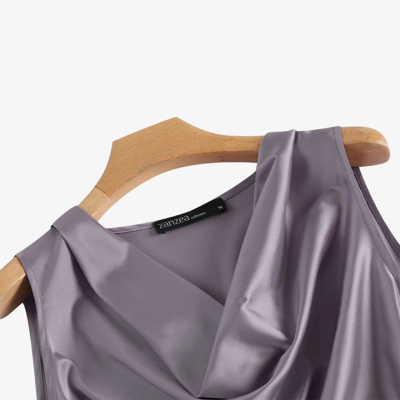ZANZEA 2025 Elegant Korean Tanks Women Satin Silk Solid Color Sleeveless Tank Tops Fashion Sexy Office Lady Cowl Neck Camisole