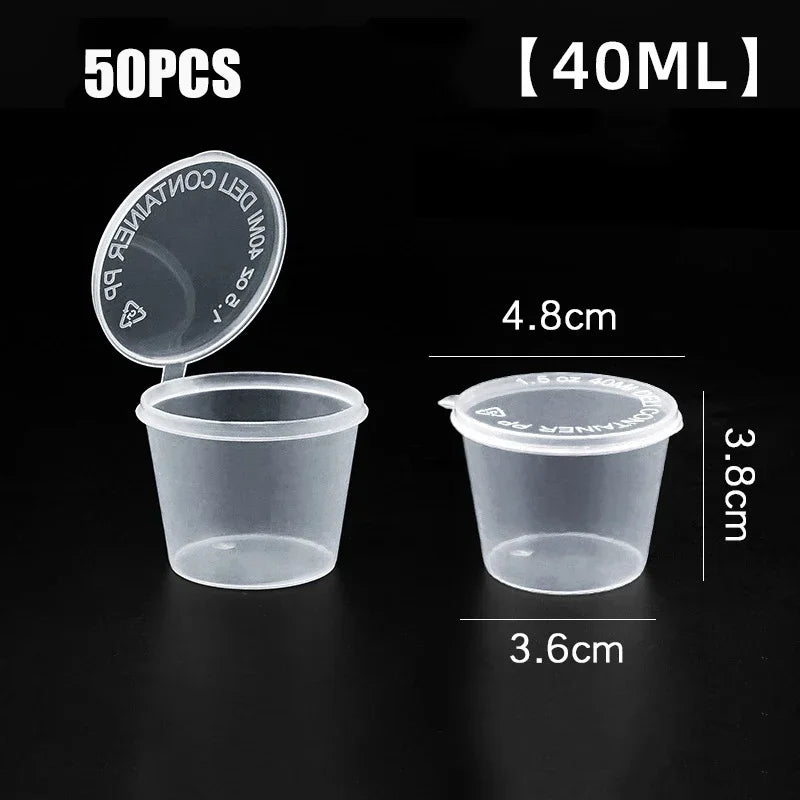 50pcs Disposable Sauce Containers Package Box&Lid Clear Portable Plastic Takeaway Sauce Cup Containers Food Box With Hinged Lids