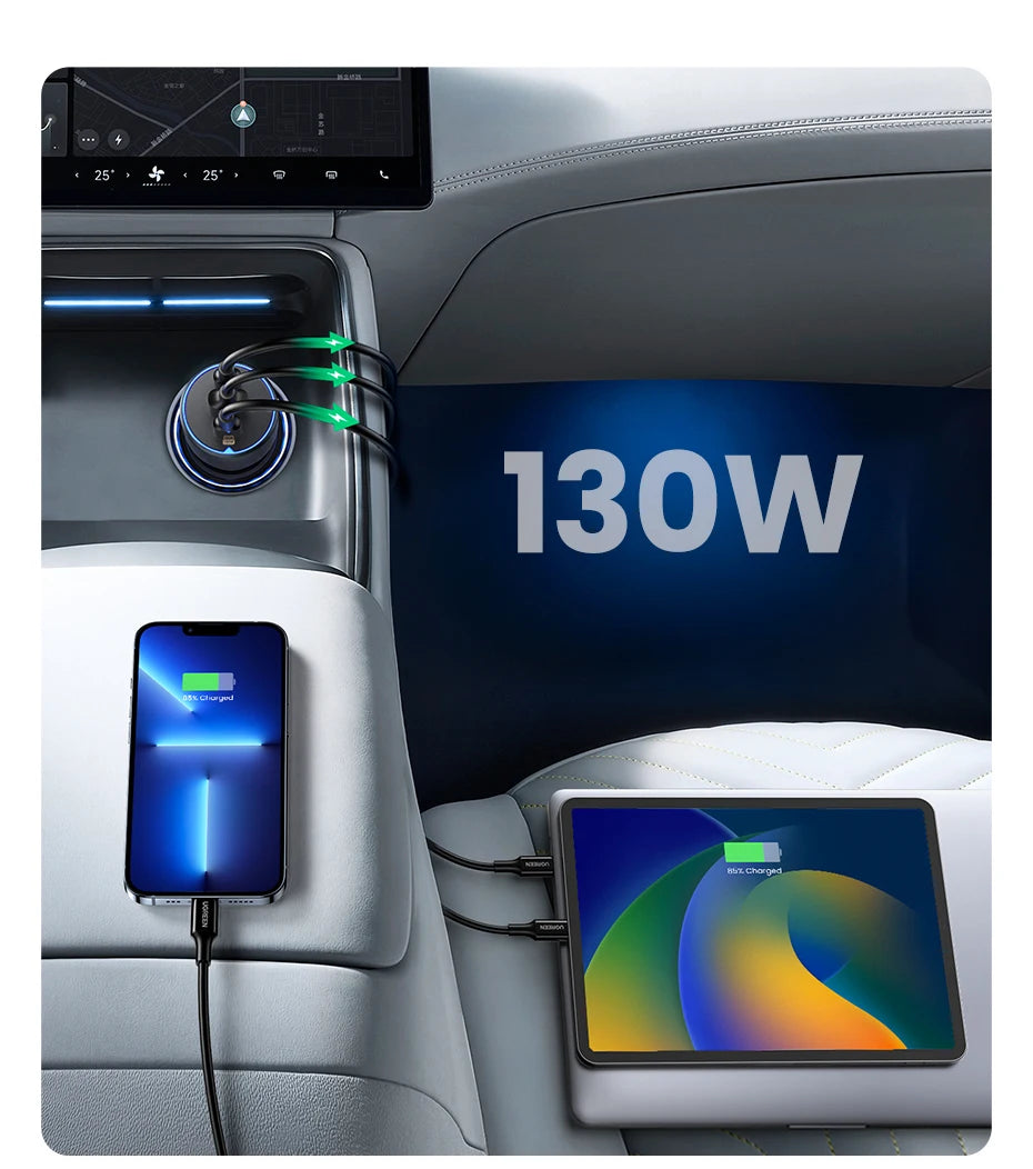 UGREEN 130W Car Charger Quick Charging PD3.0 Fast USB Type C Car Phone Charge For iPhone 14 13 Pro Max Laptops Tabet