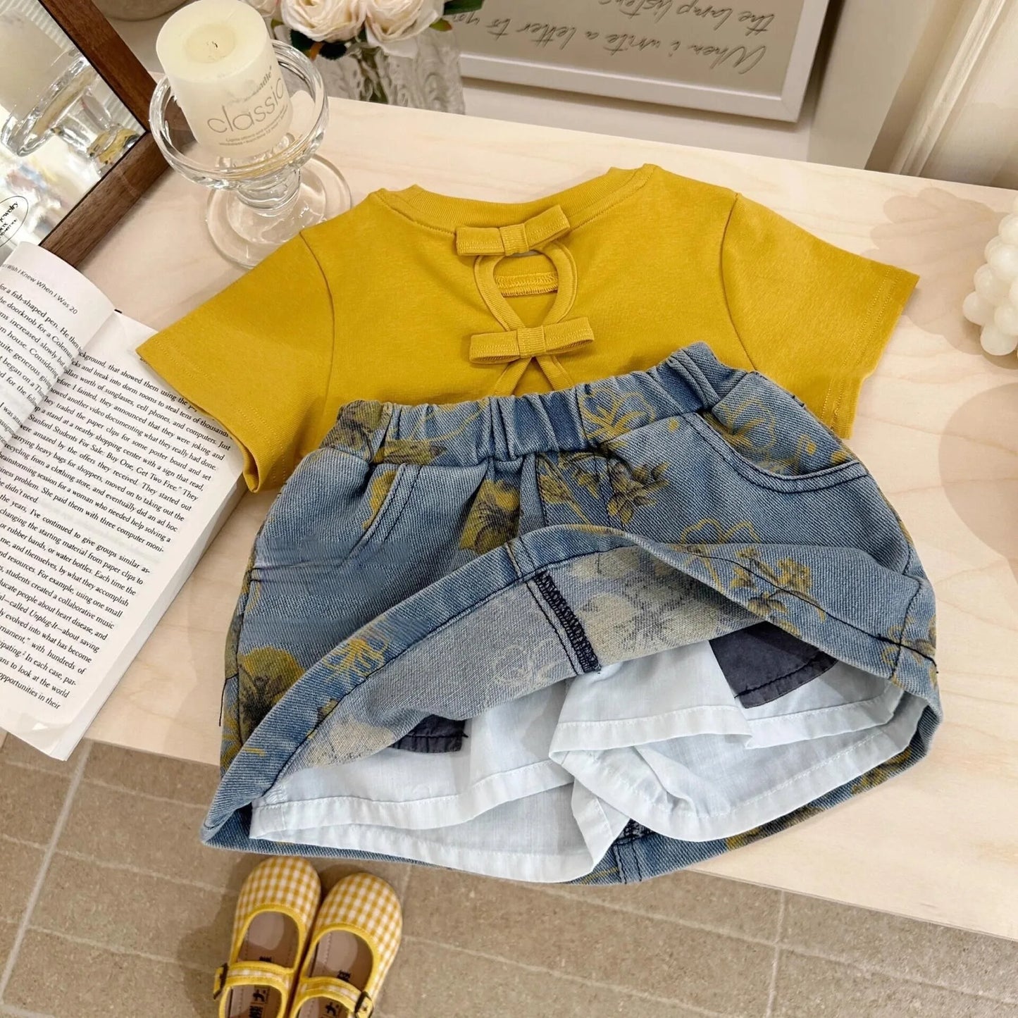 Girls' Summer Clothing New Style Kindergarten Baby Western Bow T-shirt Denim Short Skirt Two Piece Set Western Trendy