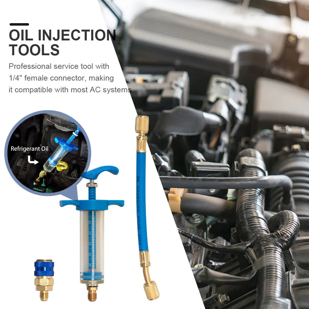Car A/C Oil/Dye Injector 30Ml 1Oz with Low Side Quick Coupler Adapter 1/4 Air Conditioning Automotive Oiler Injection Syringe
