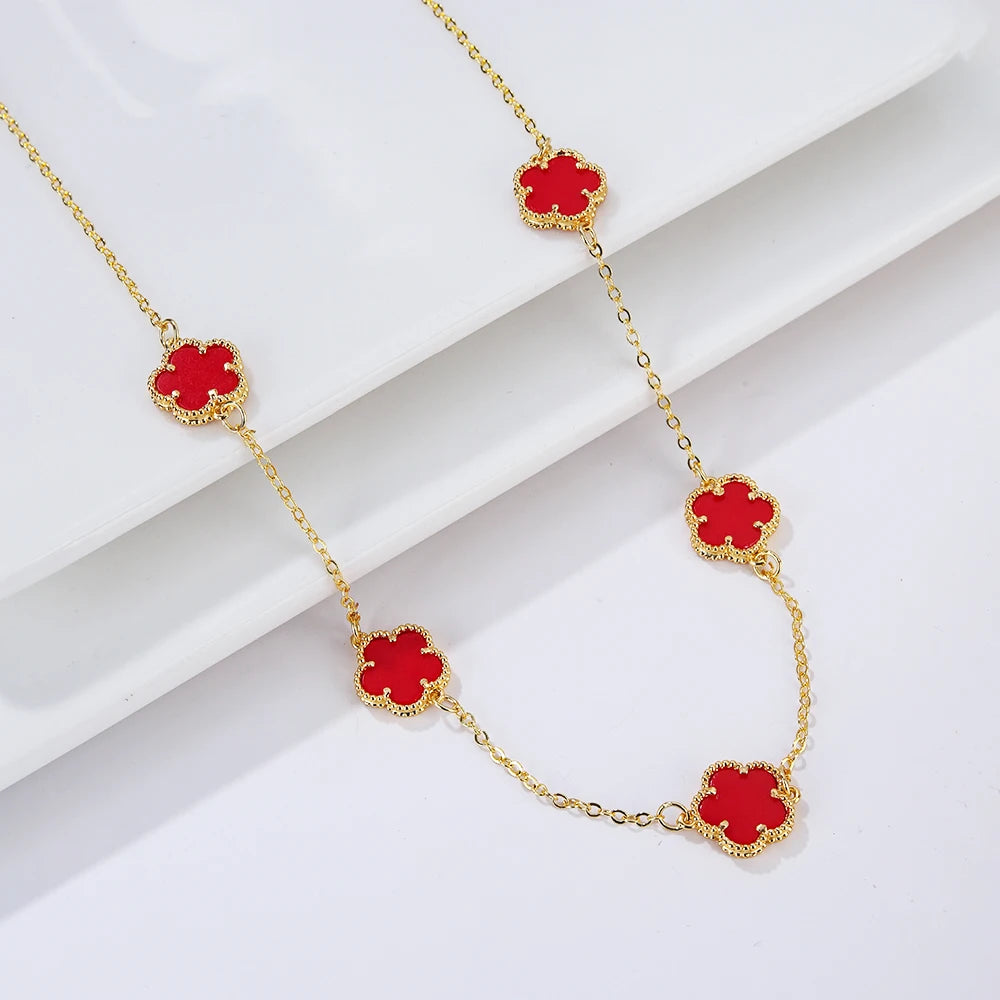 Double Sided Plum Blossom Natural Stone Hot Selling Plant Five Leaf Flower Pendant Necklace Collarbone Chain Woman Clover