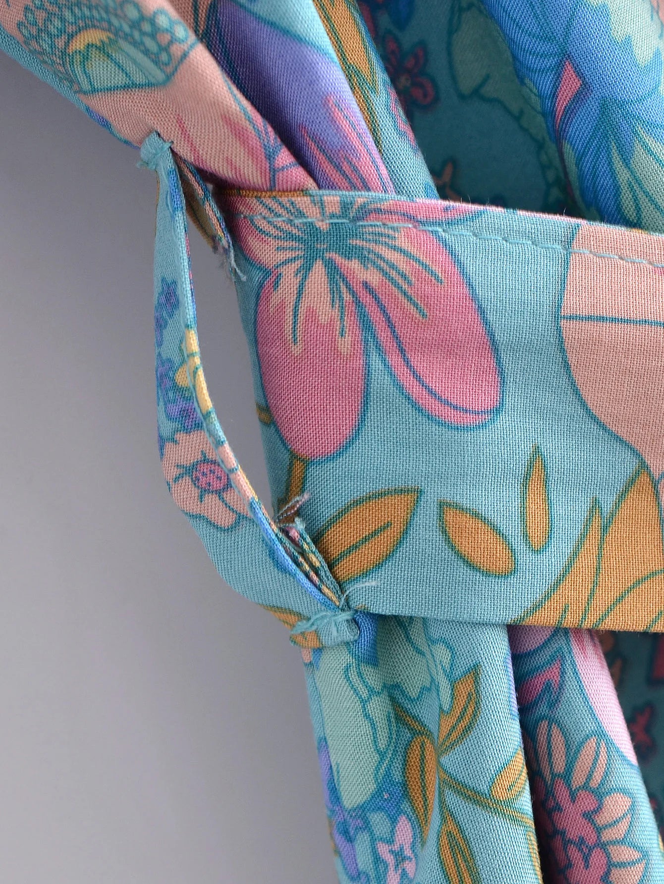 BOHO Women Blue With Pink Flower Print Kimono Shirt Holiday Tide Bow Sashes Mid Long Cardigan Summer Blouse Beach Cape