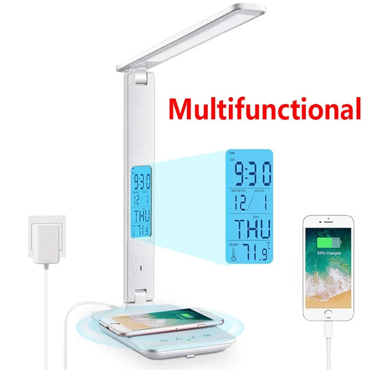 LED Desk Lamp with Wireless Charger USB Charging Port Adjustable Foldable Table Lamp Dimmable Lighting Office Lamp Adapter