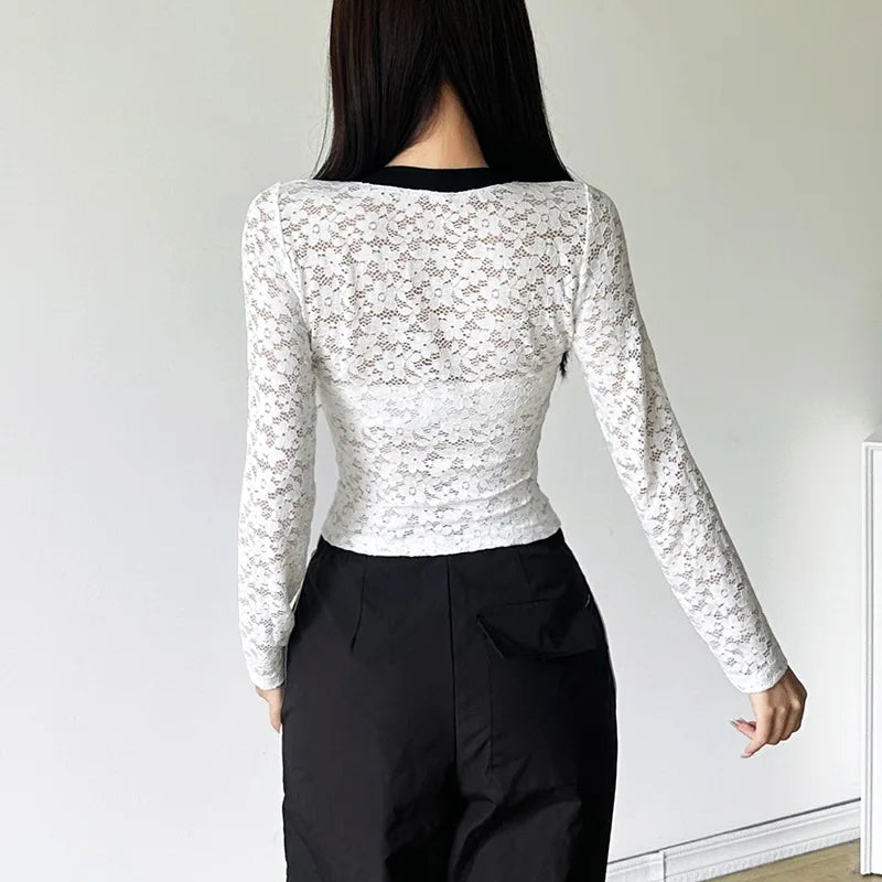 HLJ Y2K Sexy Lace Two Piece Set for Woman Letter Printing See Through Long Sleeve Crop Top + Shorts Suits Female Streetwear New