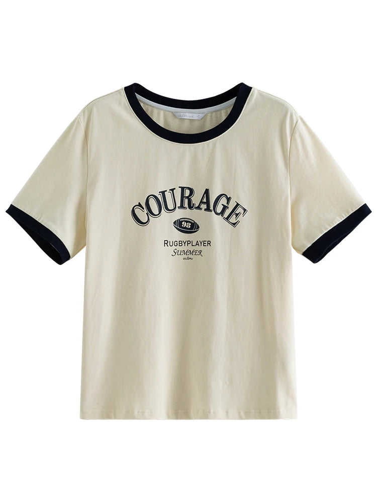 DUSHU Contrasting Color Women Round Neck T-shirts Letter Print Design Summer Beige Short Sleeve Tops Casual Tees 24DS82220