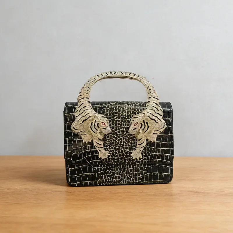 2026 New Luxury Designer Handbag for Women Crocodile Effect Leather Tiger-sculpted Top Handle Fashion Evening Shoulder Bag
