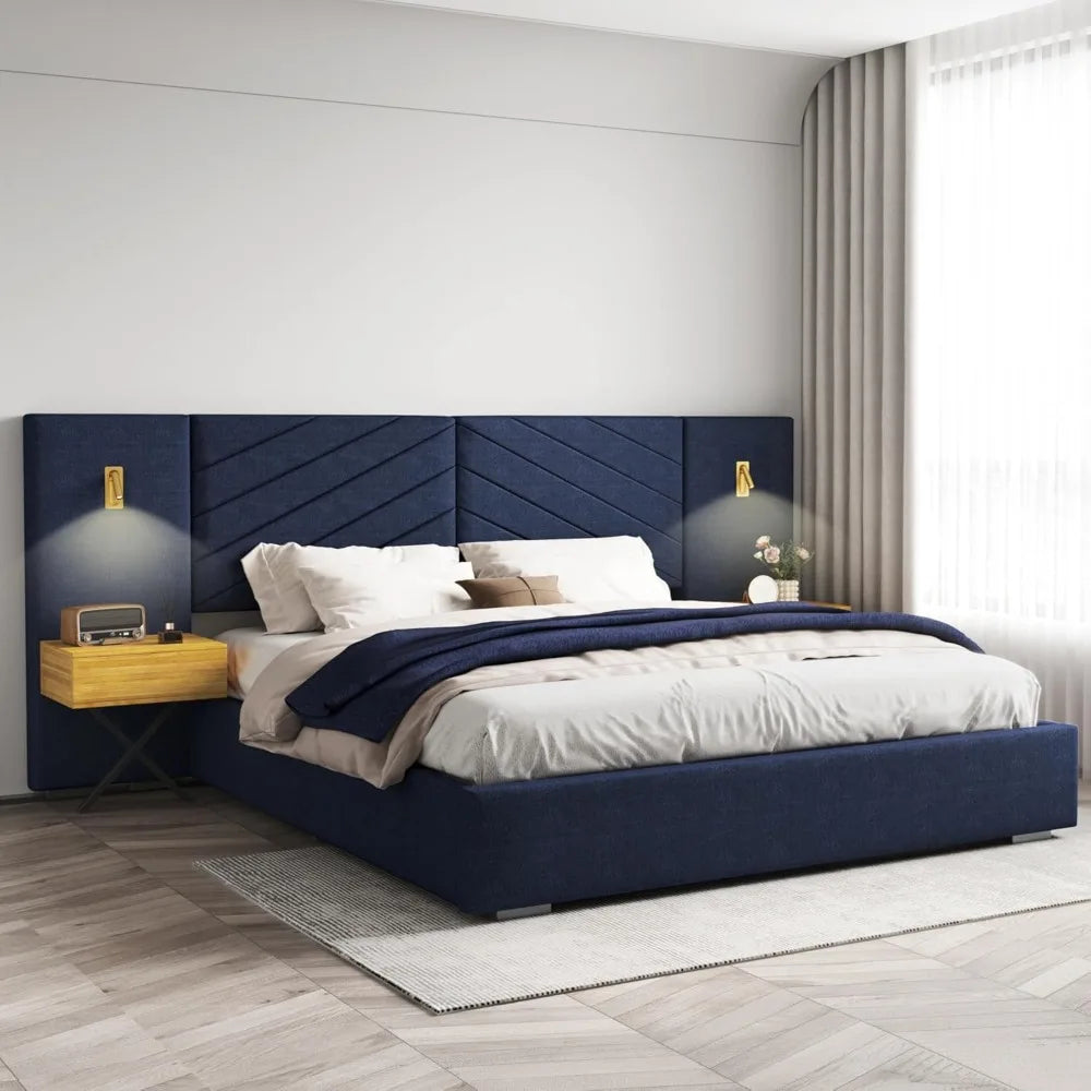 Luxury Bed Frame with Built-in Gold LED Lights and Nightstands, King Size Platform Bed with Oversize Upholstered Headboard,